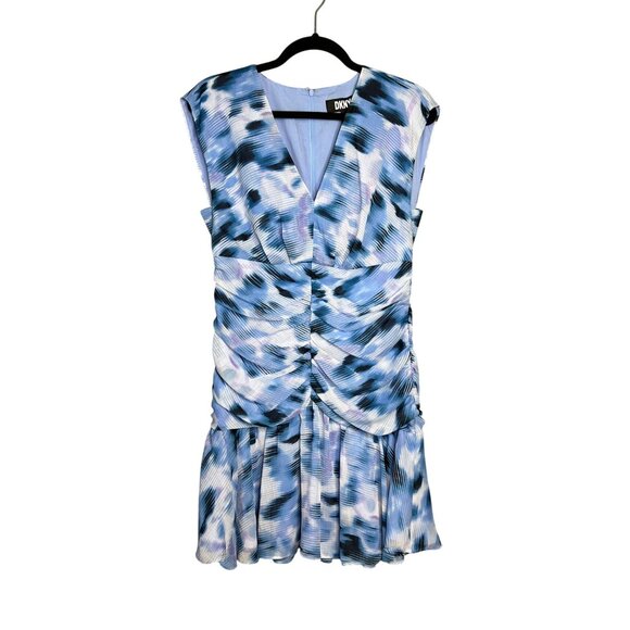 DKNY Sleeveless Printed Dress Size S Ruched Chiffon Blue Purple Mini NWT - Picture 2 of 9